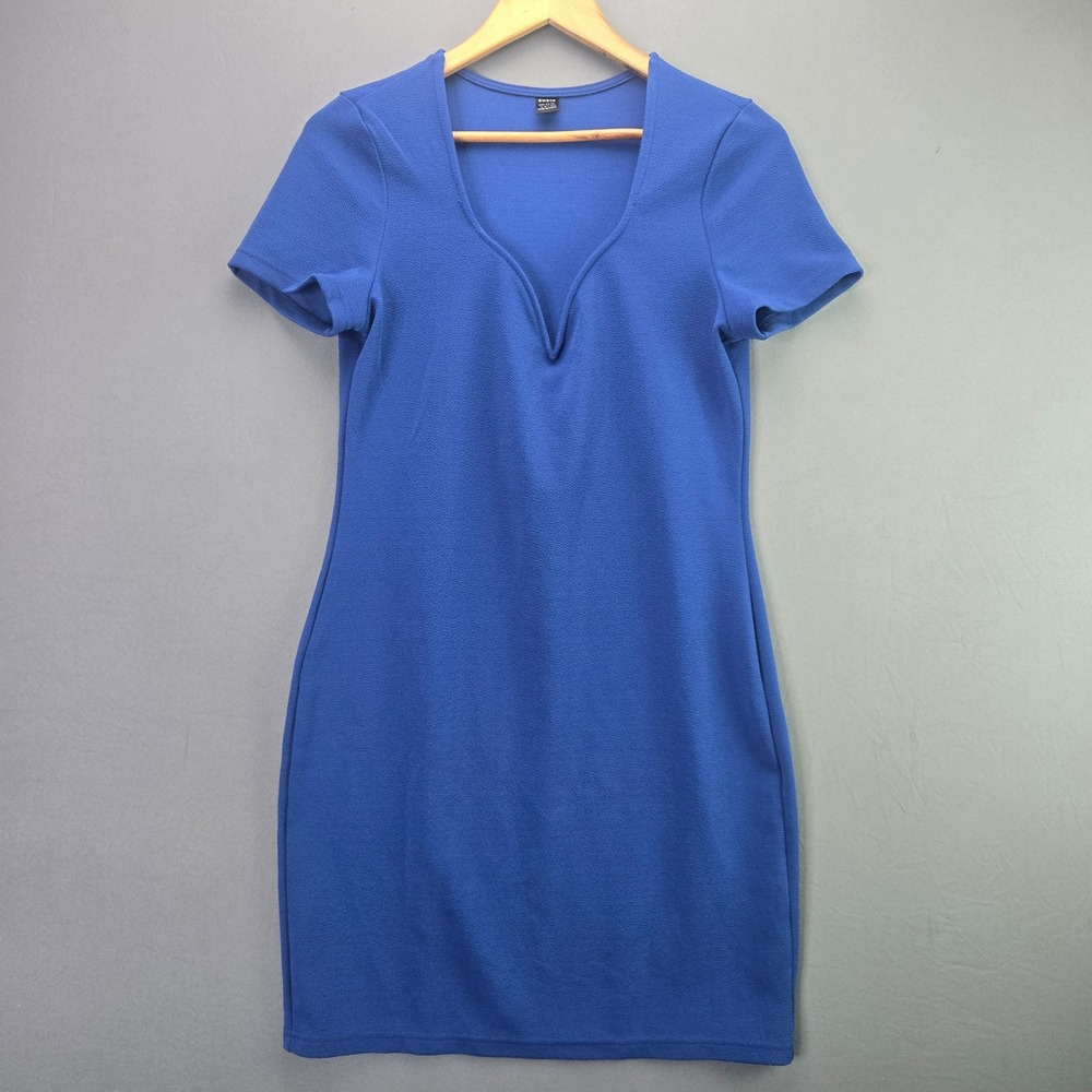 SHEIN Bodycon Mini Dress Size L 8/10 Blue Deep V-Neck Short Sleeve Textured Sexy
